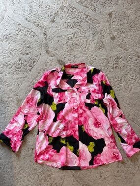 Karl Lagerfeld Hot Pink Floral Button-Up Blouse with Black Panels